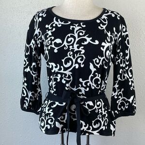 EUC Lifestyle Attitude By Larry Levine Black and White Tie 3/4 Sleeve Blouse L